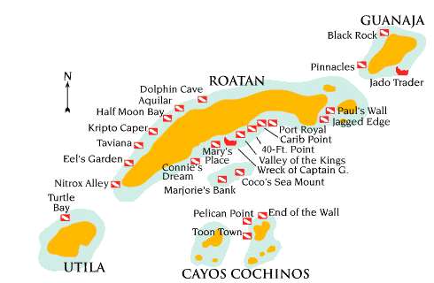 Map of Diving Sites on Roatan Honduras